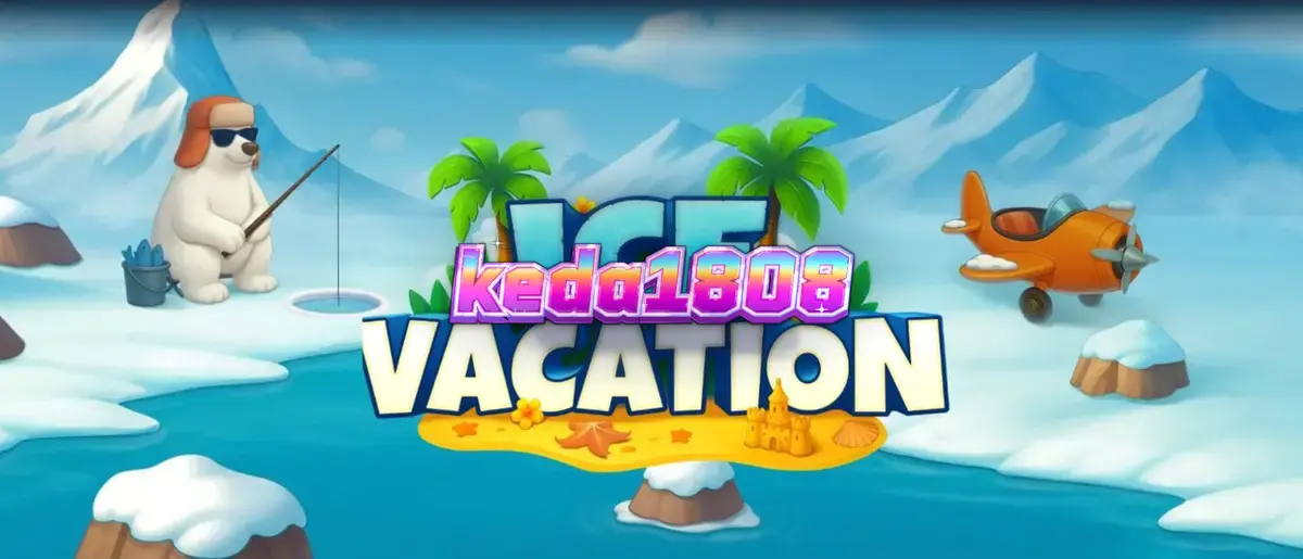 Tampilan visual slot Ice Vacation yang menampilkan karakter kartun kutub dan elemen tropis.
